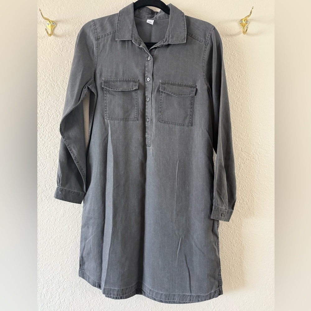 NWT Old Navy Gray Long Sleeve Shirt Dress Knee Length Tencel Chest Pockets